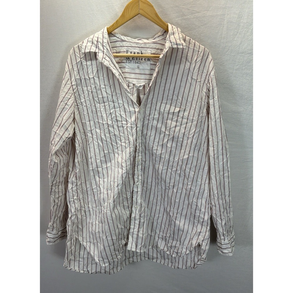 Frank & Eileen Shirt Womens LG White Maroon Joedy Stripe Crinkle Preppy Luxury